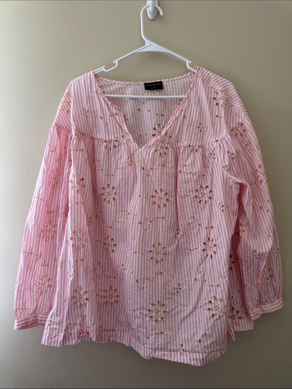 Lane Bryant Pink Striped Eyelet V-Neck Top